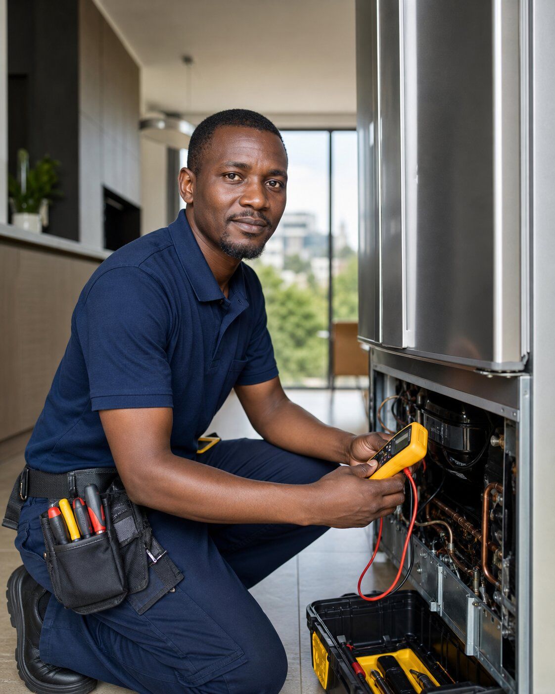 NearHome Pro Repair technician testing the compressor of a stainless steel refrigerator in a Nairobi kitchen