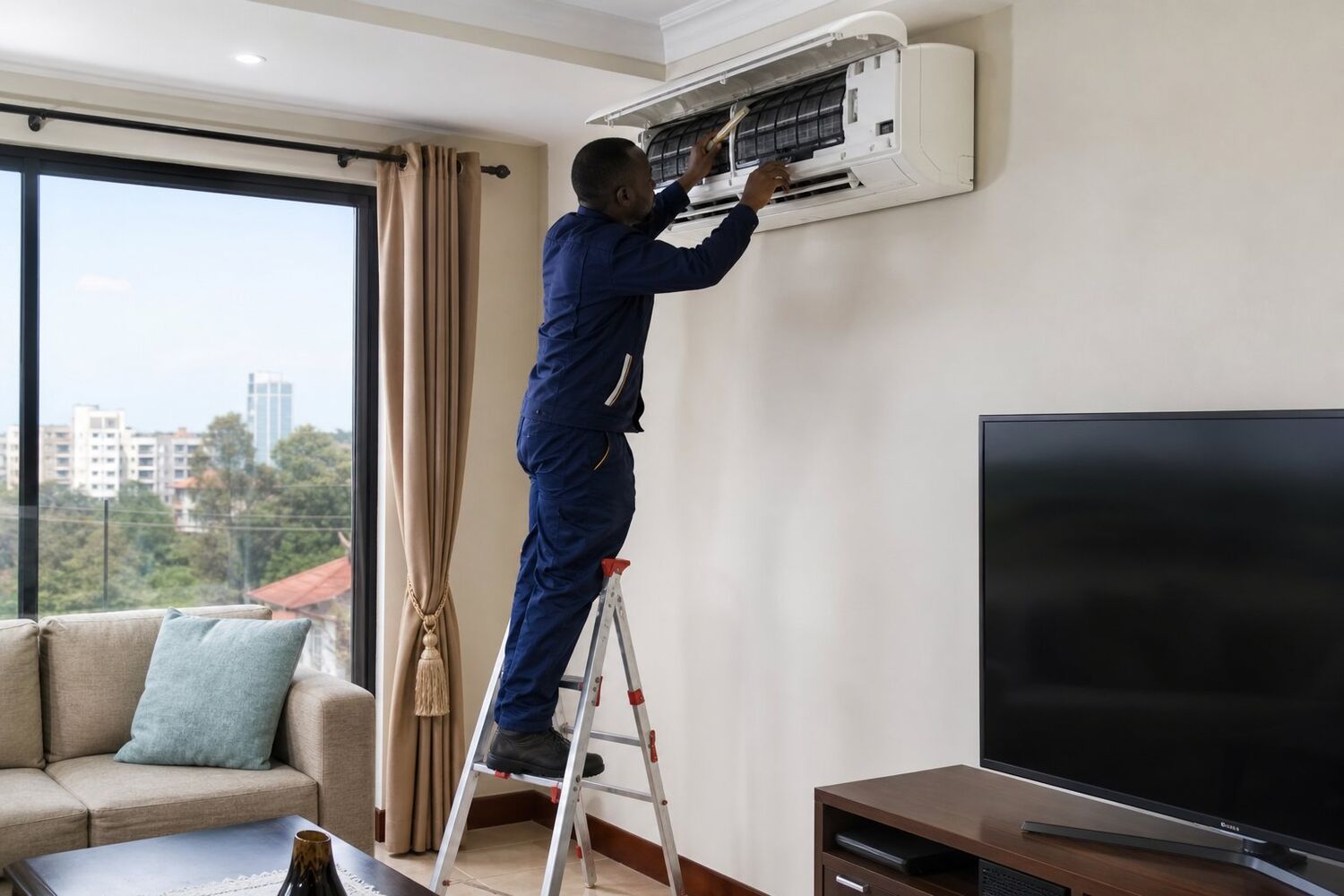 Technician cleaning the filter of a wall-mounted split air conditioner in a Nairobi living room