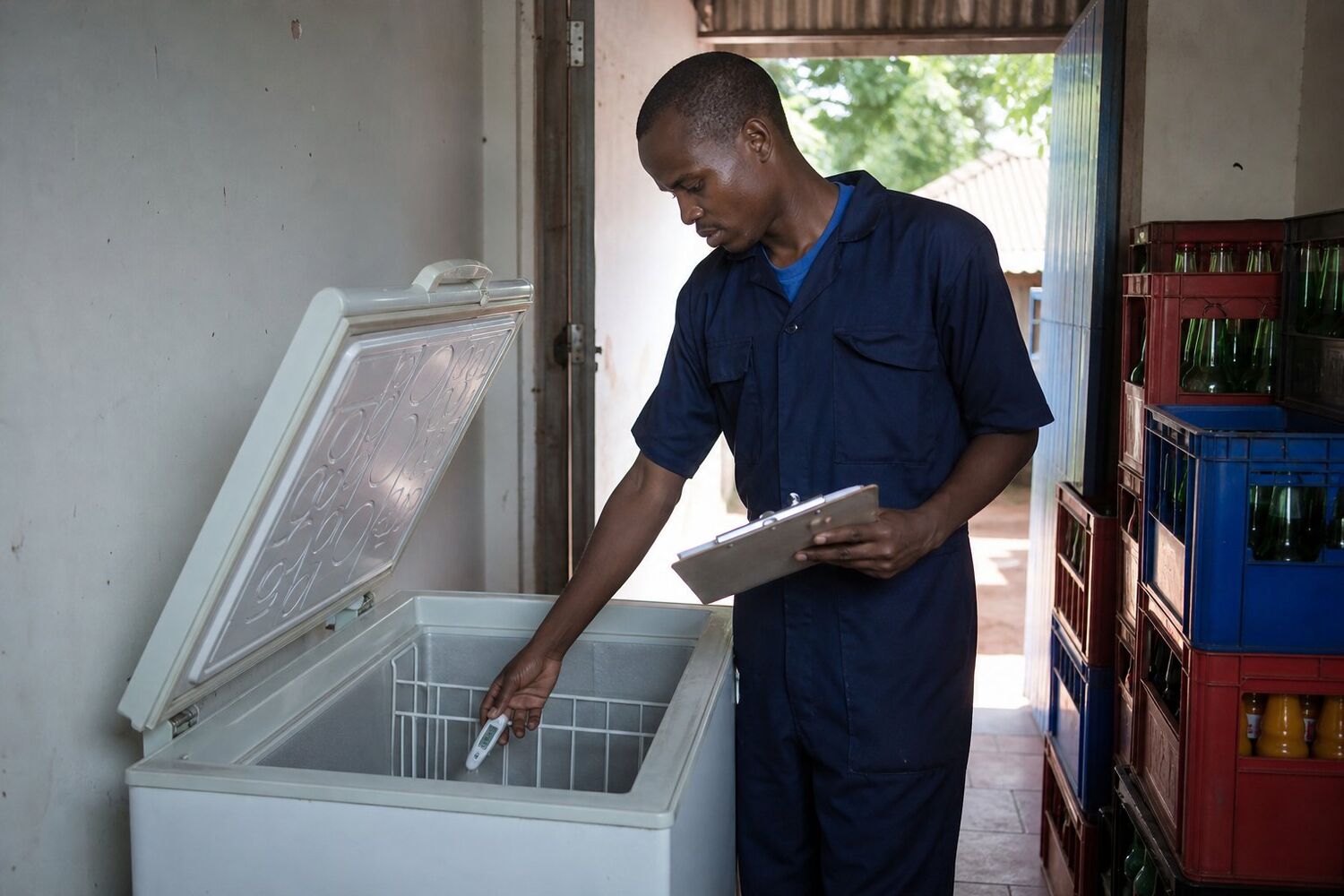 Technician measuring the temperature inside a chest freezer at a Kenyan shop
