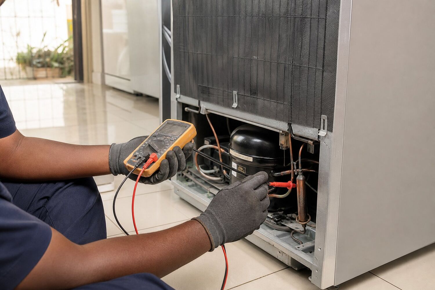 Technician checking a refrigerator compressor and refrigerant lines with a multimeter