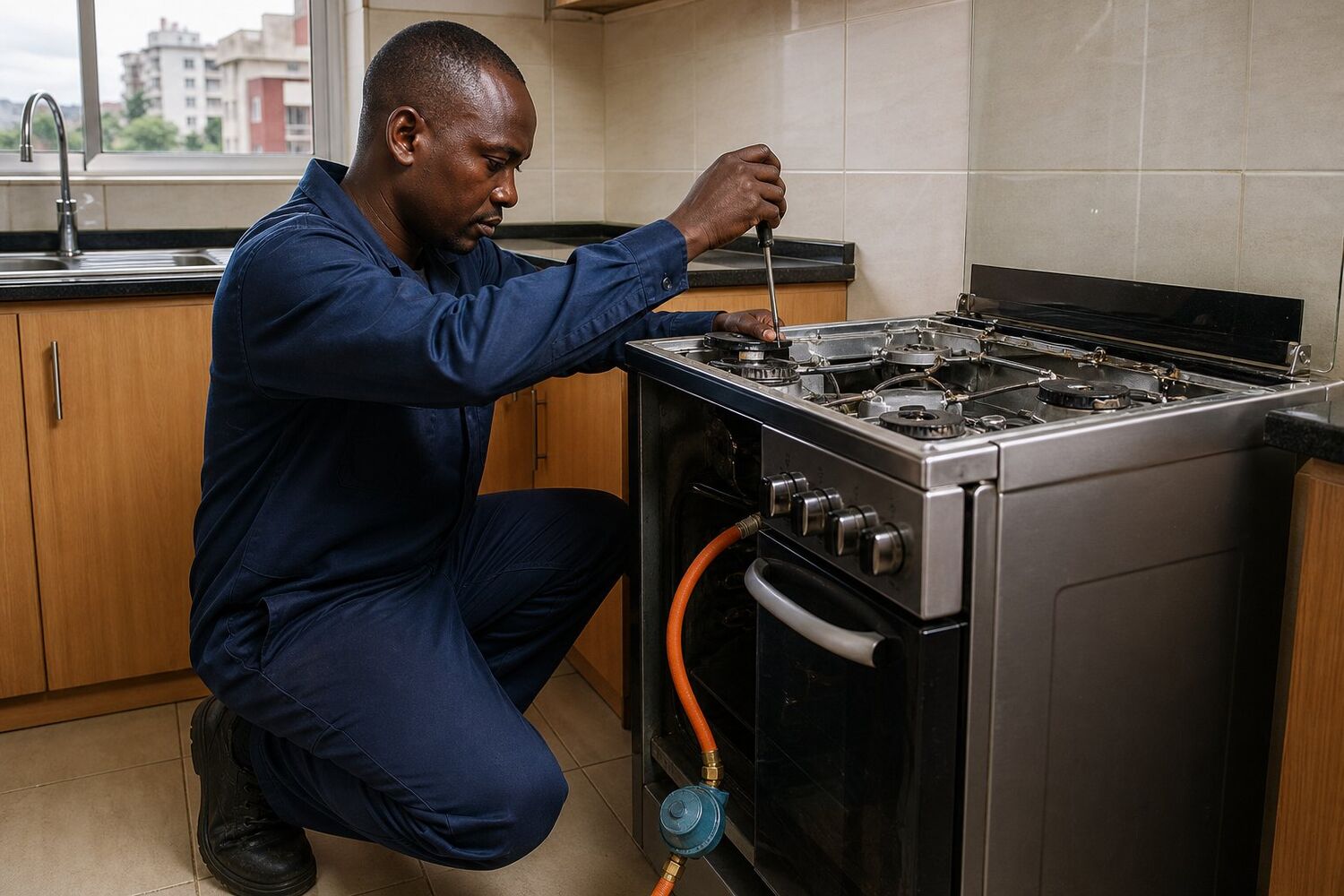 Technician servicing the burners of a stainless steel gas cooker with a gas regulator attached