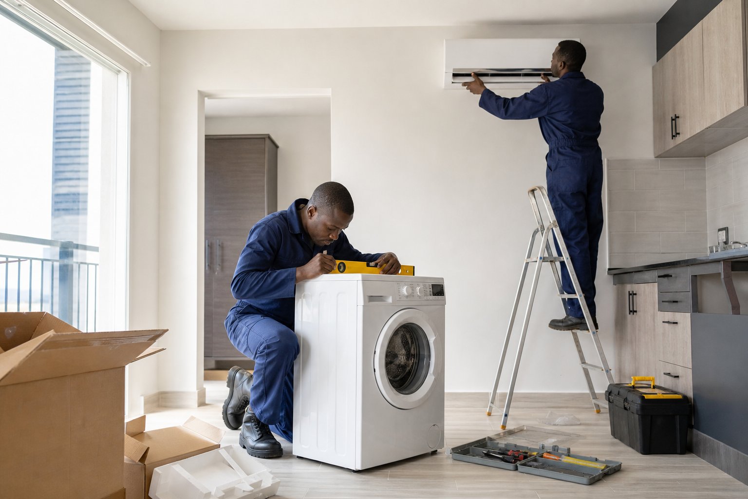 Two technicians installing a washing machine and a split air conditioner in a new apartment