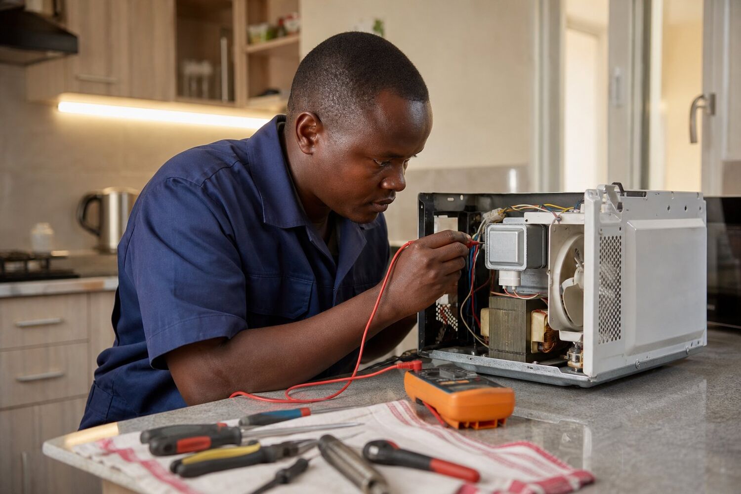 Technician testing the magnetron inside an opened microwave oven