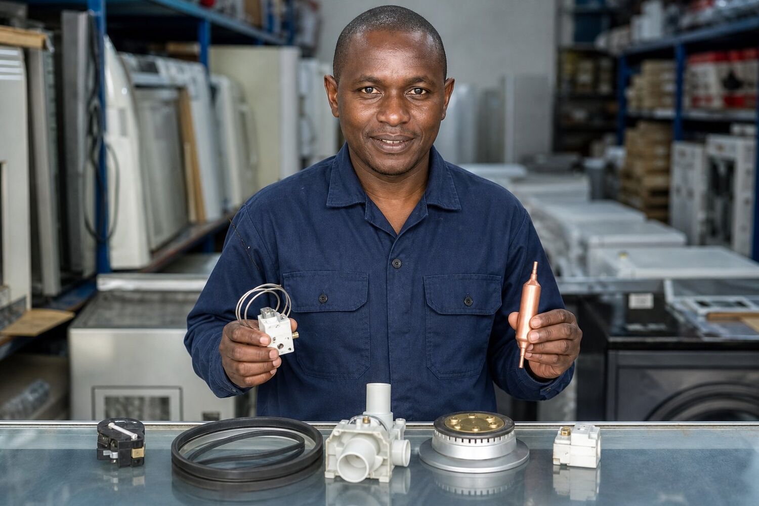 Technician holding a refrigerator thermostat and copper filter drier in front of shelves of spare parts