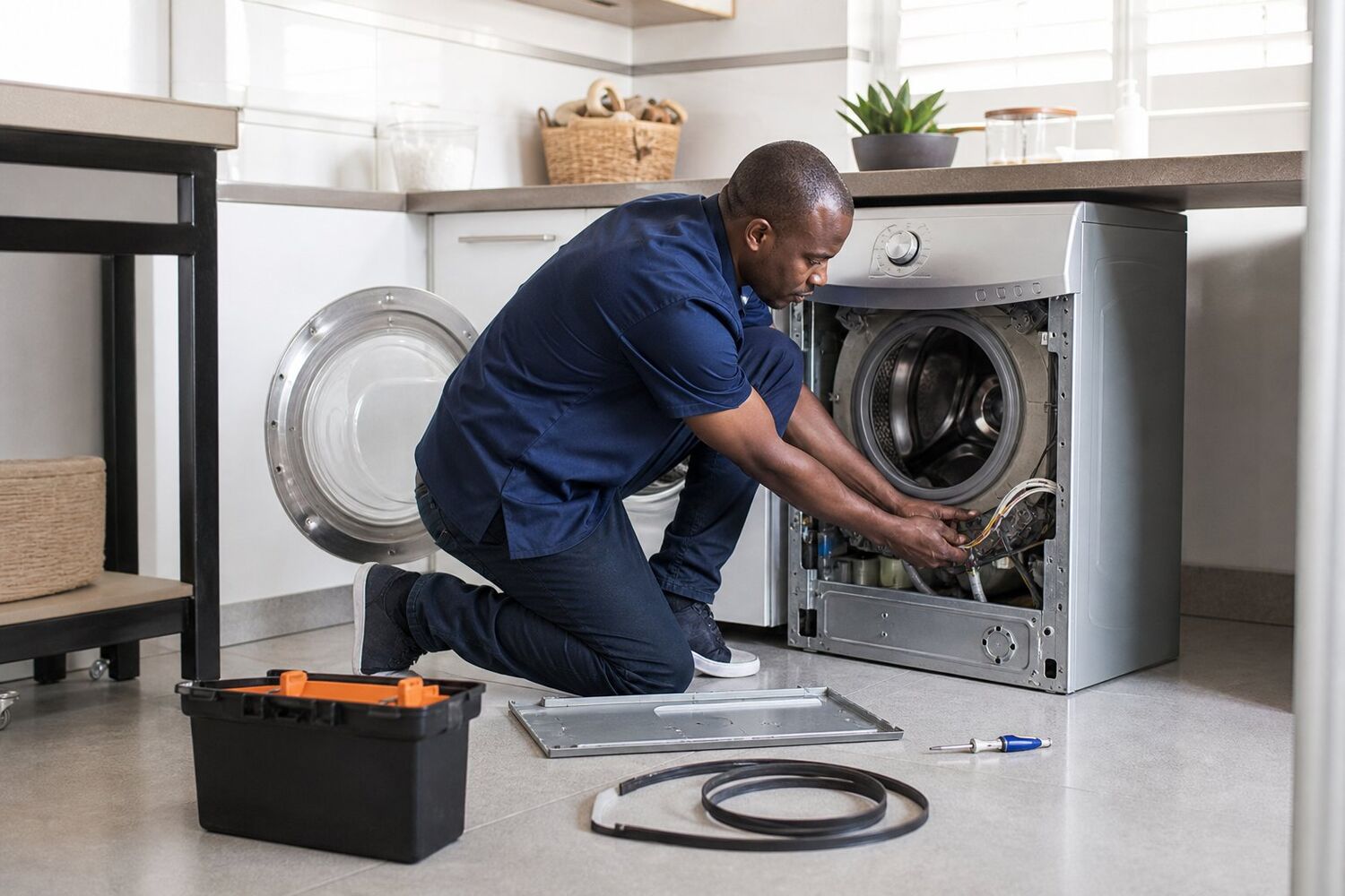 Technician repairing the drum and belt of a front-load washing machine