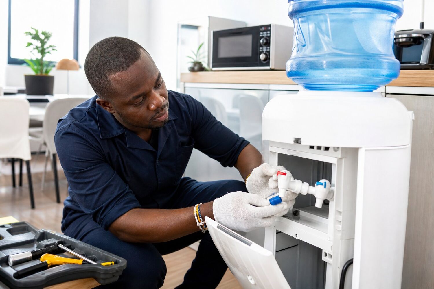 Technician replacing the taps of a water dispenser with a 20 litre bottle on top