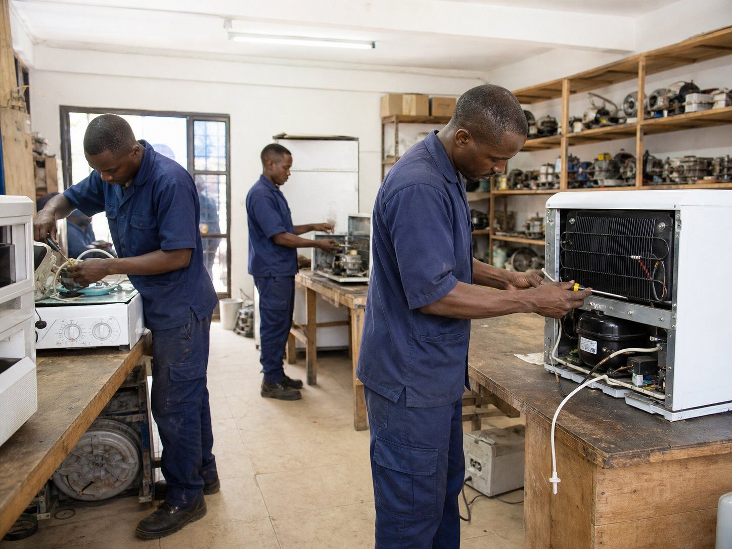 Three technicians repairing refrigerators and washing machines on benches in the NearHome workshop